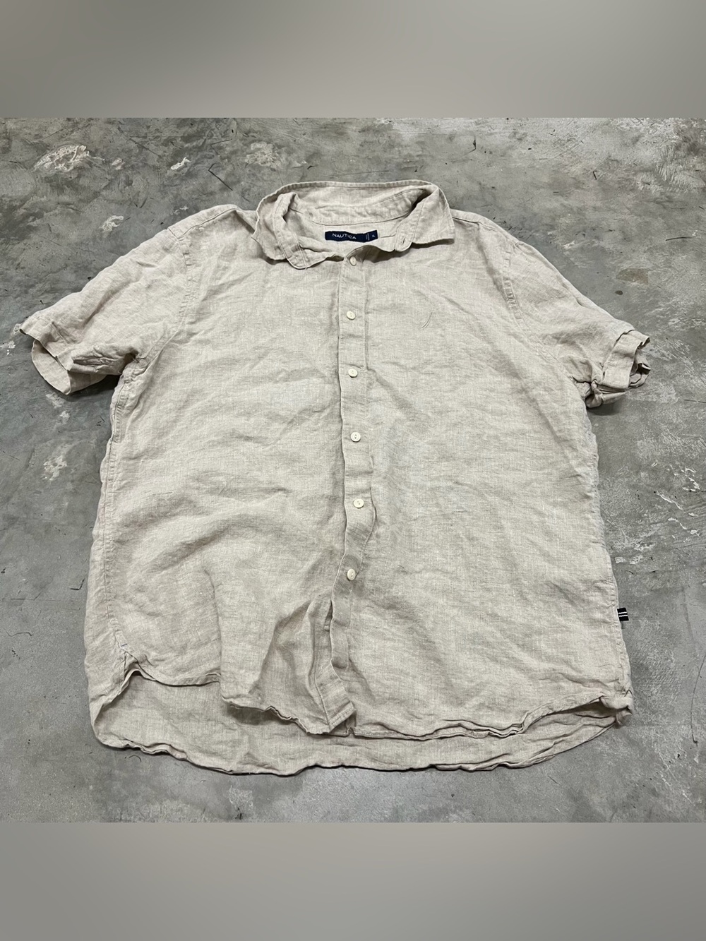 Nautica Short Sleeve Button Down Shirt Mens XL Beige Linen 100%